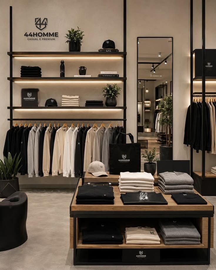 Loja 44HOMME: parede com o logo, prateleiras iluminadas, araras com camisetas e mesa central com peças dobradas